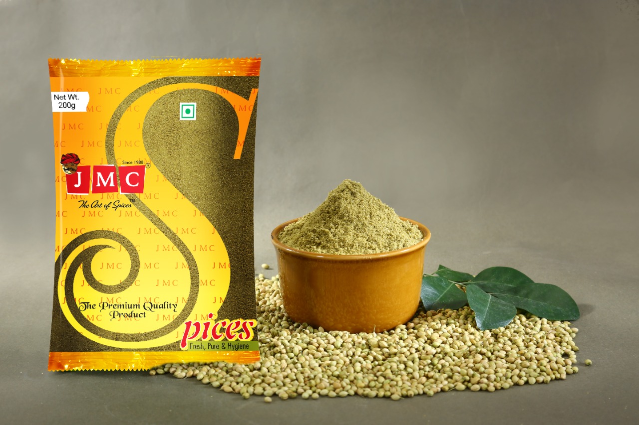 JMC Dhaniya Coriander Powder 200g Front with Coriander Seeds and Bowl